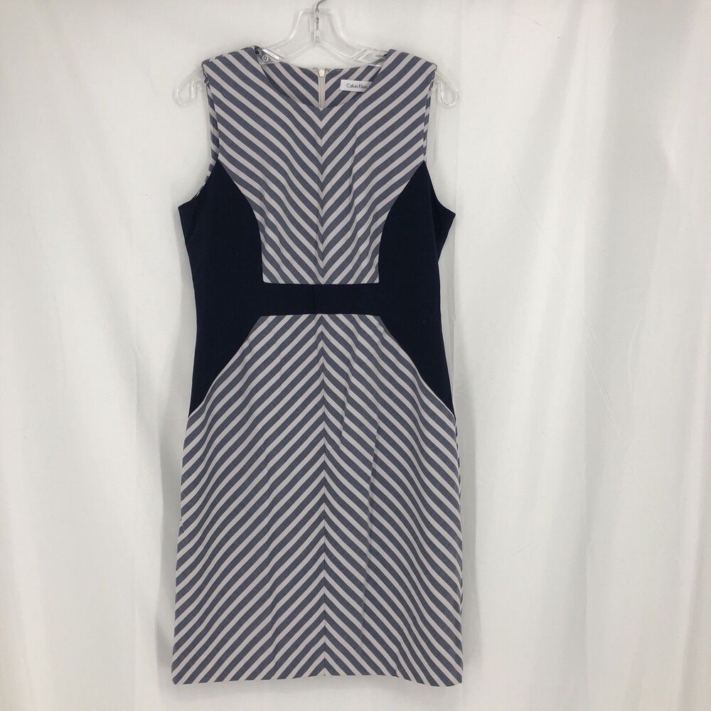 Calvin Klein Women’s Blue White Chevron Stripe Sleeveless Sheath Dress 10